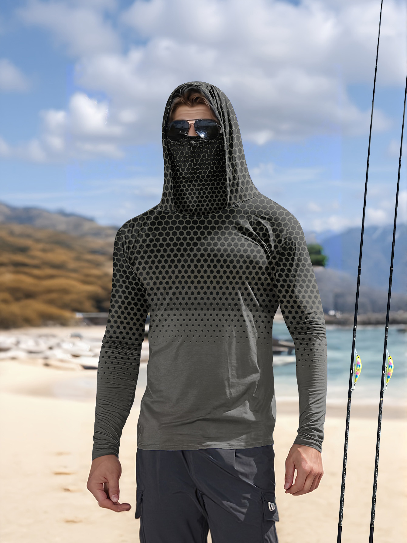Camisa de Pesca Masculina de V - Fishing Mask Sun Protection avaliação e preço